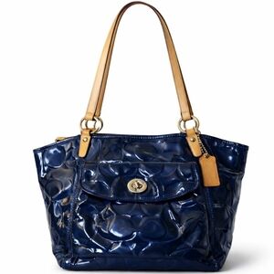 Coach Leah Navy Blue Patent Leather Embossed Tote Bag